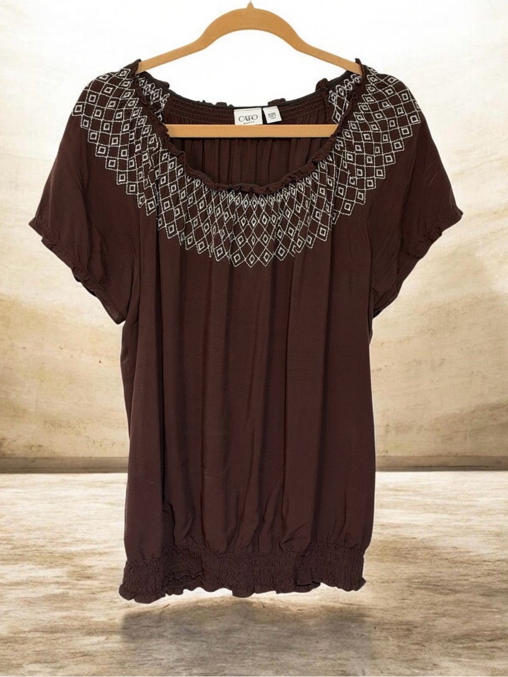 Cato Brown Short-Sleeve Embroidered Peasant Top